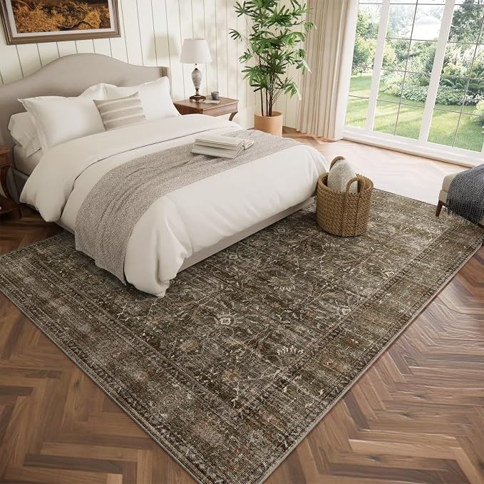Boho Washable 5x7 Area Rugs for Living Room, Cushioned, Red/Brown | Vintage Non-slip Rugs for Bedroom Dining Room Nursery Office, 0.3" Neutral Oriental Throw Thin Carpet, Dark Brown/ Rust