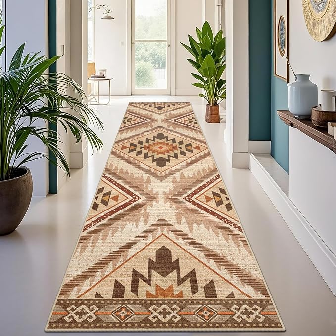 2x10Ft Boho Hallway Runner Rugs Non Slip, Light Brown Washable Kitchen Rug Runners, Soft Low Pile Geometric Moroccan Farmhouse Entryway Floor Carpet for Bedroom Home Decor