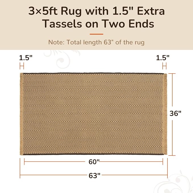 3x5 Washable Boho Area Rug with Tassels for Living Room Beige Coffee | Vacuum Friendly, Machine Washable, Non-Slip Rug, Modern Farmhouse Neutral Decor Carpet, Bedroom Dining Room Office Kitchen