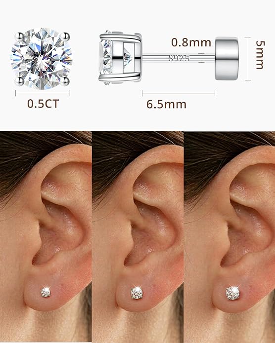 Moissanite Stud Earrings for Women, S925 Sterling Silver Screw Back Flat Back Earrings, Hypoallergenic 14K Gold/White Gold Plated Cartilage Piercing Studs, D Color VVS1 Round Cut 3-5mm