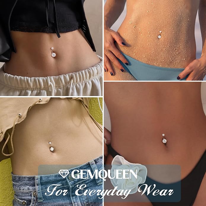 GEMQUEEN Moissanite ＆ G23 TItanium Belly Button Ring 18K Gold Plated Hypoallergenic Internally Threaded Belly Rings 14G Navel Piercing Jewelry For Women Men D Color VVS1 Clarity Brilliant Cut