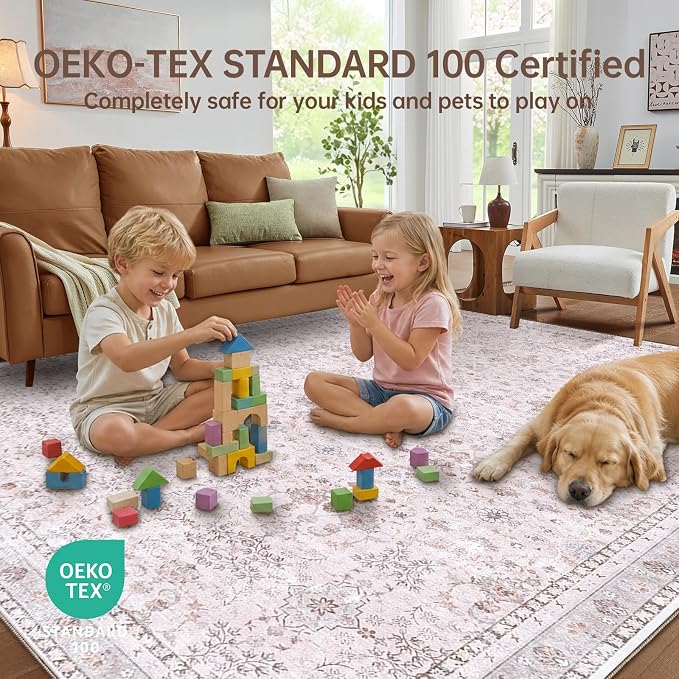 Sasttie Round Rugs 8ft, Ultra-Soft Washable Circle Rug, Low Pile Foldable Thin Carpets with Non-Slip Backing, Skin-Friendly Stain Resistant Carpet for Living Room, Bedroom, Kitchen, Dorm, 8ft, Pink