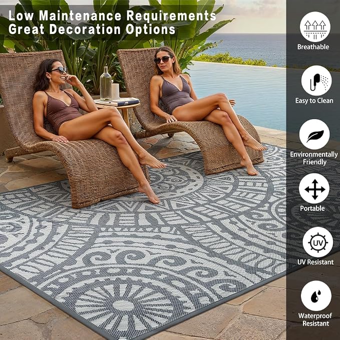 HUGEAR 6x9 Outdoor Boho Rug Grey Patio Waterproof Rug Home Decor Reversible Plastic Straw Rugs Outside Indoor Floor Mat for Camping Balcony RV Deck Porch Pool Backyard