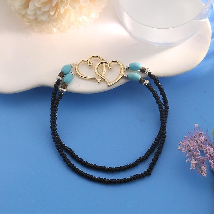 Elastic Beaded Ankle Bracelets for Women Double Heart Layered Stretch Ankle Bracelets Waterproof Dainty Boho Beaded Anklets for Summer Beach Foot Jewelry