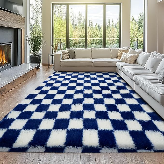 8x10 Fluffy Living Room Rug: Navy Blue and White Checkered Rugs for Living Room- 8x10 Large Fluffy Rug for Bedroom- Soft Plush Shag Carpets for Boys Girls Teen Room, Home Decor (Navy Blue/White)