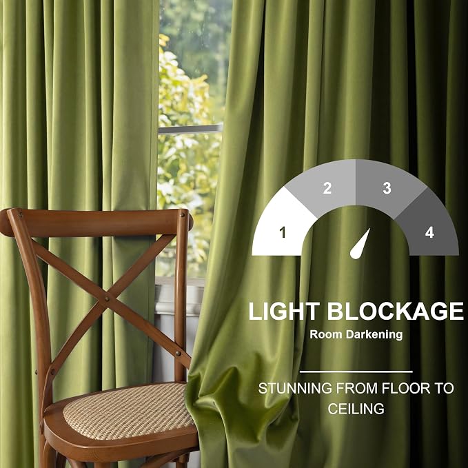 Moss Green Boho Velvet Curtains 63 Inch Length for Boys Bedroom 2 Panels Back Tab Rod Pocket Heavy Duty Heat Cold Blocking Light Dampening Drape for Kitchen Bathroom Laundry Closet Playroom 52x63 Long