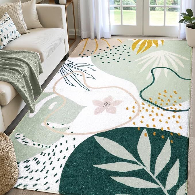 Lahome Sage Green Boho Bedroom Rug 4x6, Washable Non Slip Soft Botanical Area Rug for Cozy Aesthetic Apartment Nursery Dorm Decor