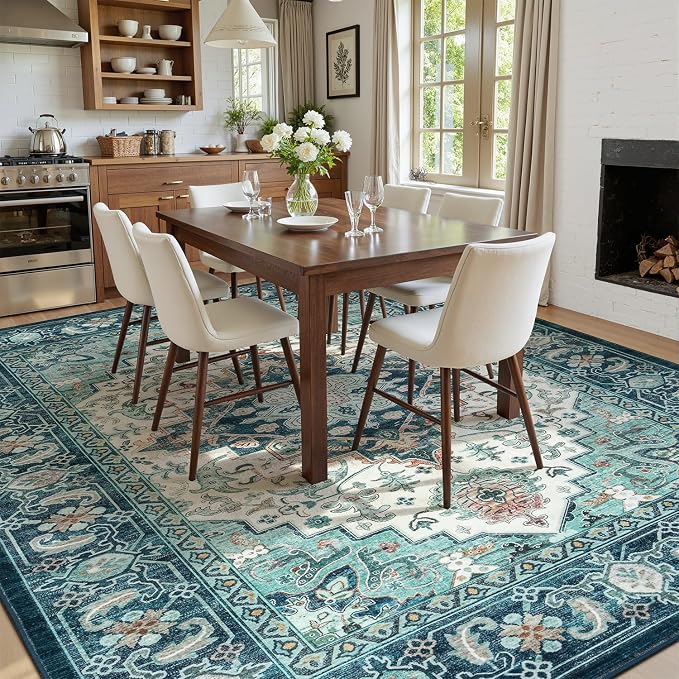 Lofus 9x12 Washable Rugs Non-Slip, Vintage Floral Area Rug for Living Room Bedroom Dining Room Kitchen, Low Pile Distress Print Medallion Carpet Home Decor Rug, Floral Green Beige