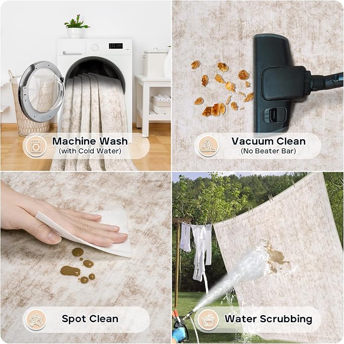 6x9 Area Rugs for Living Room Rug Washable: Modern Rug for Dining Room Bedroom Carpet Non Slip Low Pile 6 by 9 Indoor Abstract Nursery Home Office Beige White
