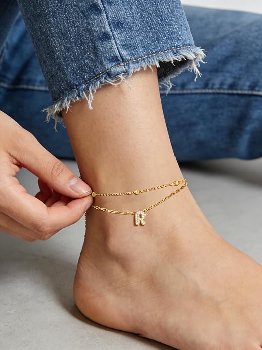 FindChic Silver/14K Gold Plated Layered CZ Initial Ankle Bracelet for Women | Waterproof Stainless Steel, Cubic Zirconia Letter Charm, Non-Tarnish, Hypoallergenic, Adjustable Extender, Summer Jewelry