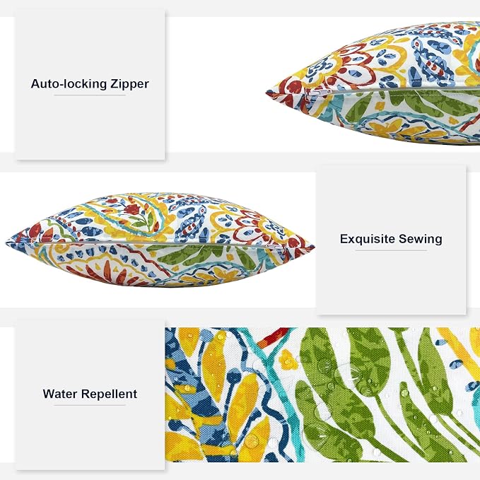 Outdoor Throw Pillows 16x16 Inch, Water Repellent Patio Pillows with Inners Set of 2 for Patio Furniture Home Garden, Paisley Multi