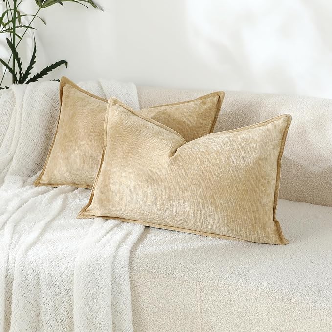 Stellhome Lumbar Chenille Throw Pillow Covers Set of 2 Super Soft Textured Decorative Pillow Covers Accent Solid Cushion Cover for Couch Sofa Bedroom Living Room 12x20 Inch, Yellow