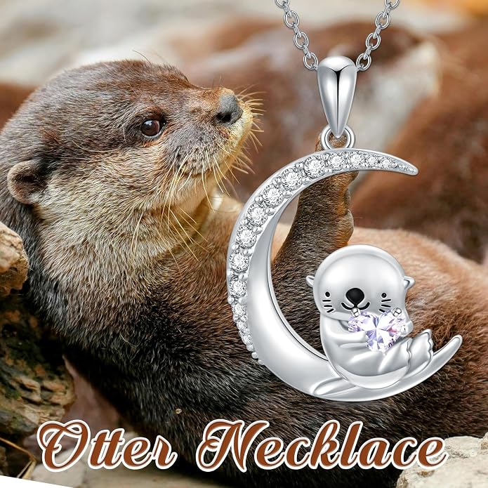 PROESS Animal Birthstone Necklace 925 Sterling Silver Otter/Axolotl/Hippo/Elephant/Dachshund/Monkey/Red Panda Pendant Necklace Animal Birthstone Jewelry Gifts for Women