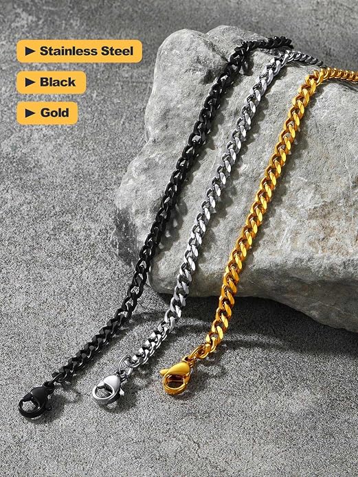 U7 Link Bracelets for Men, Cuban Link/Rope/Watch Band Solid Bracelet, Silver Black Gold Color Wrist Bracelet 3/6/9/12/15mm Width, 6.5/7.5/8.3 Inch Length, Hand Chain Jewelry for Mens Women