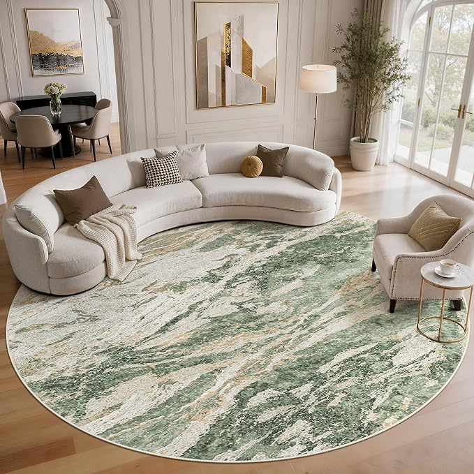 Area Rugs for Living Room: 10ft Round Abstract Washable Rug Modern Neutral Large Soft Stain Resistant Non-Slip for Bedroom Dining Room Indoor Home Office Carpet - Green Brown