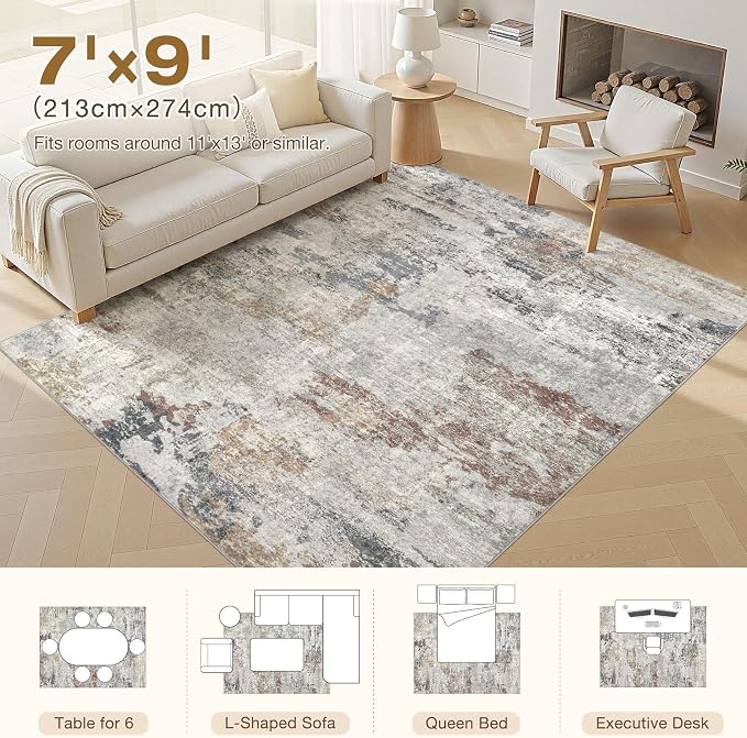 DMOYEST 7x9 Area Rugs for Living Room, Washable Large Abstract Rug, Non Slip Low Pile Indoor Carpet, Kid & Pet Friendly Neutral Modern Rugs for Bedroom Dining Room - Grey/Orange/Yellow