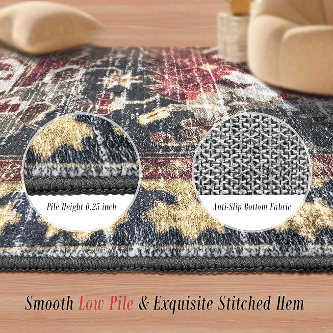 RUGSURE Washable Area Rugs - Perfect for Living Room, Bedroom, Kids Room, Nursery - Stain & Water Resistant Non-Slip, Pet & Child Friendly, Vintage Tribal Area Rugs (Rust, 3' x 5 ')