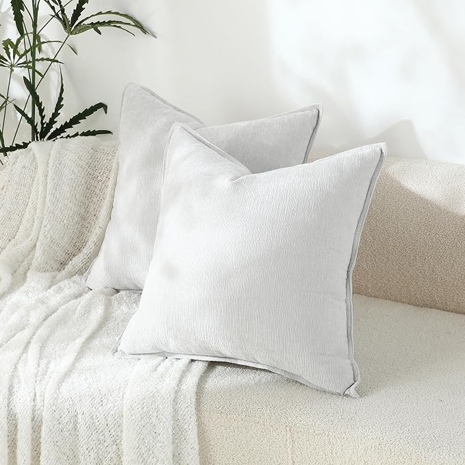 Stellhome Pack of 2 Soft Textured Throw Decorative Pillow Covers Square Accent Solid Chenille Cushion Cover Cozy Farmhouse Pillow Case for Couch Sofa Bedroom Living Room 24x24 Inch, Light Grey