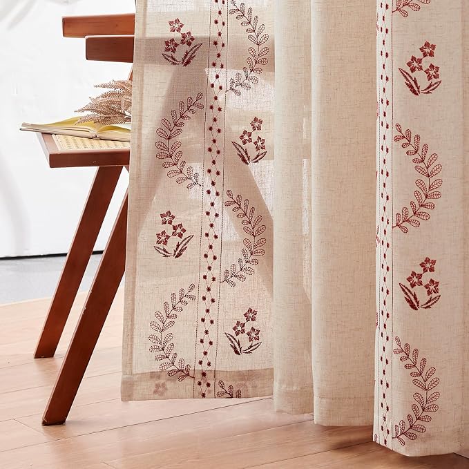 jinchan Floral Linen Curtains 63 Inch Back Tab 2 Panels Burgundy Red | Embroidered curtains,boho curtains,living room,bedroom,light filtering,privacy,flower patterned drapes,window treatment