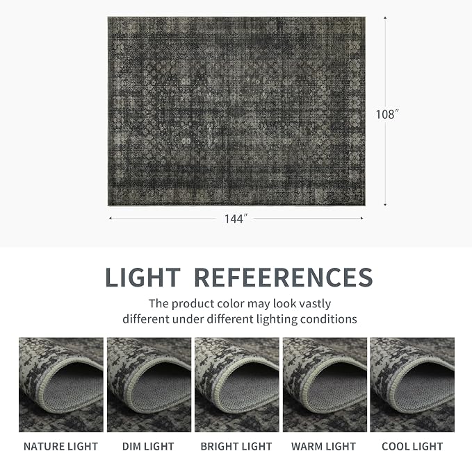 9x12 Vintage Washable Area Rug, Black | Living Room,Low Pile,Non Slip,Non-Shedding Large,Soft Indoor,Stain Resistant,Floral Print,Bedroom Dining Room