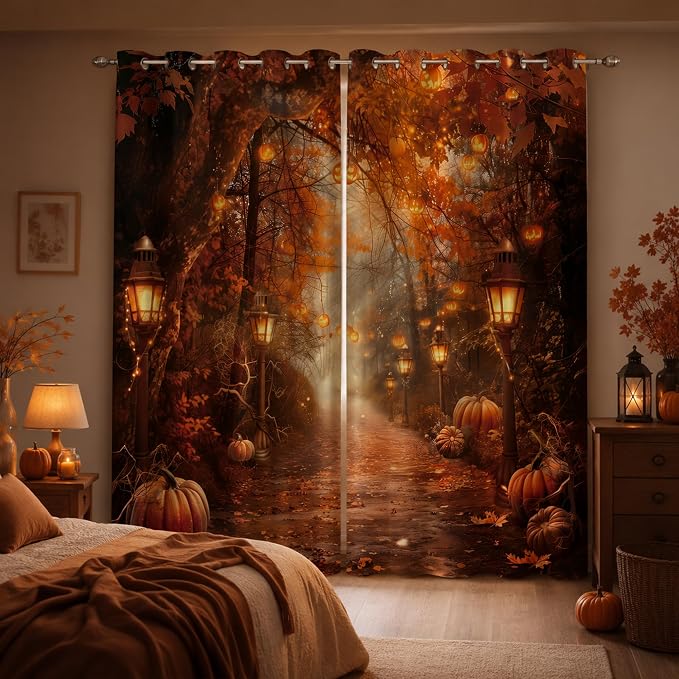 Halloween Forest Window Curtains 52 x 63 in, Pumpkin Lantern Autumn Path Drapes, Fall Woodland Curtains for Living Room Bedroom