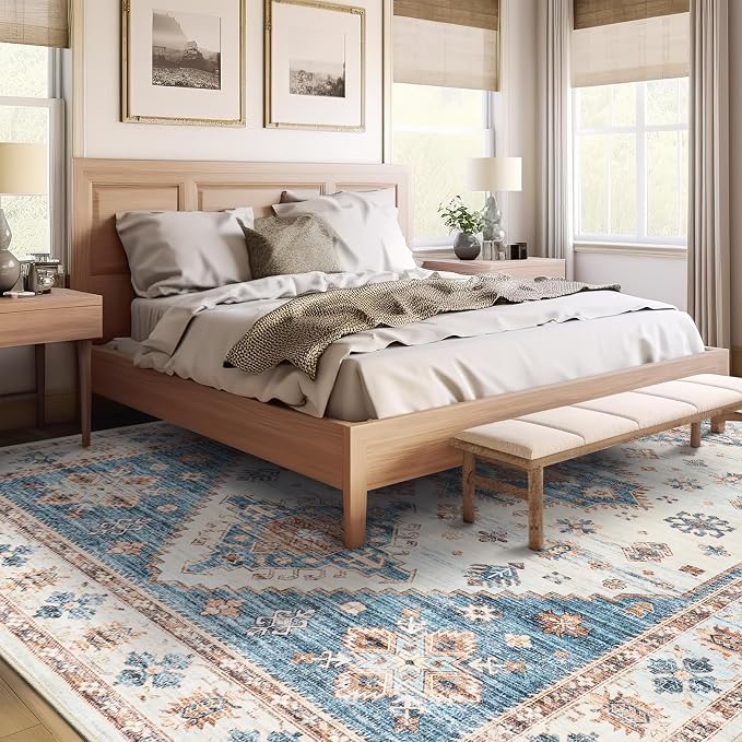Roxstand 8x10 Washable Area Rugs for Living Room, Blue/Beige | Non-slip Backing, Low-Pile Carpet, Stain Resistant,Rugs for Living Room, Bedroom, Dining Room, Office