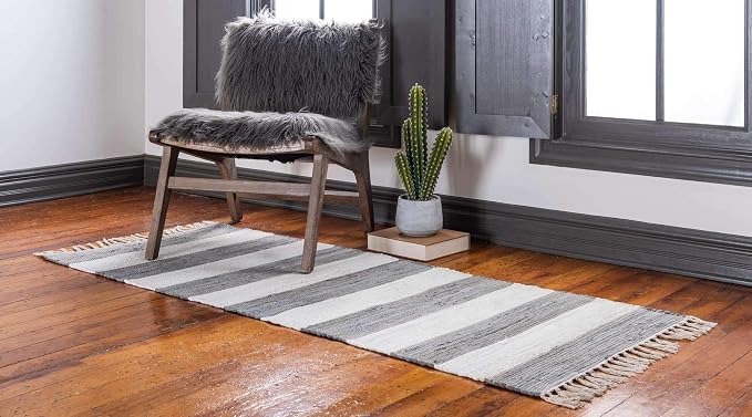 Unique Loom Chindi Rag Collection Area Rug - Striped (2' 2" x 12' 2" Runner, Gray/ Ivory)