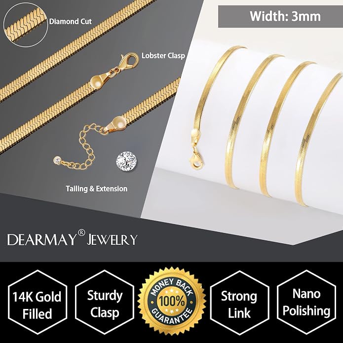 DEARMAY 14K Gold Plated Herringbone Necklaces for Women, Dainty Gold Snake Choker Chain Non Tarnish Trendy Simple Thin & Chunky Options Neckalce 1.5/3/5/6/8mm Chain Jewelry for Gifts