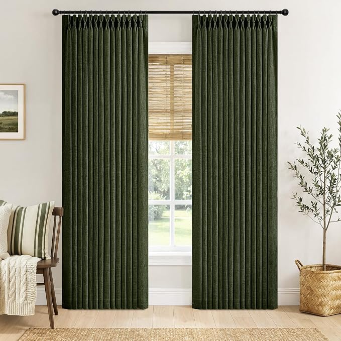MIULEE Pinch Pleated Thick Linen Curtains 84 Inches Long 2 Panels for Living Room Bedroom, Linen Textured Memory Trained Drapes Pleat Back Tab Light Filtering Loden Window Curtains with Hooks&Rings