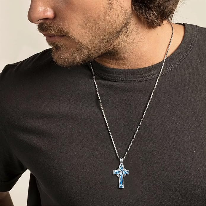 HPQQ Cross Necklace 925 Sterling Silver Turquoise Tree of Life Celtic Knot Cross Pendant Jewelry Mother's Day Gifts for Women