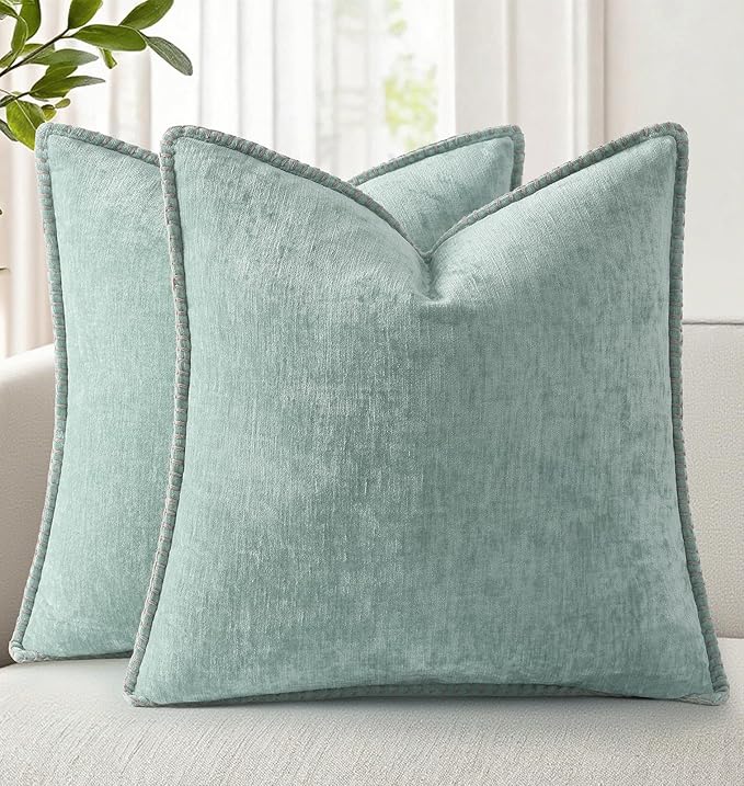 decorUhome Soft Chenille Throw Pillow Covers 18x18 Set of 2 Aqua Haze | Fall Textured Decorative Throw Pillow Cases Stitched Edge Modern Farmhouse Luxury Boho Velvet for Couch Sofa Bed Home Decor