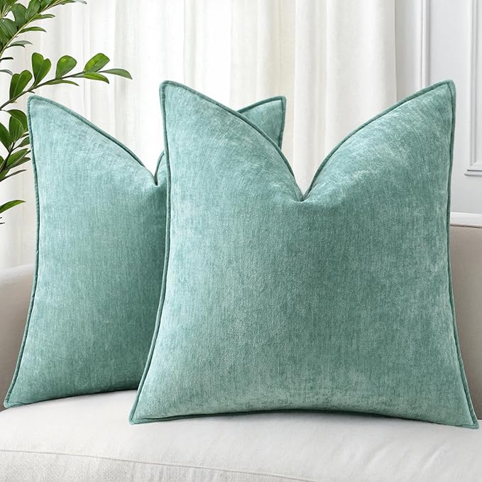 decorUhome Chenille Aqua Haze Velvet Throw Pillow Covers 20x20 Set of 2 | Fall Soft Couch Decorative Modern Farmhouse Pillow Cases with Elegant Design for Sofa Bed Living Room Home Decor