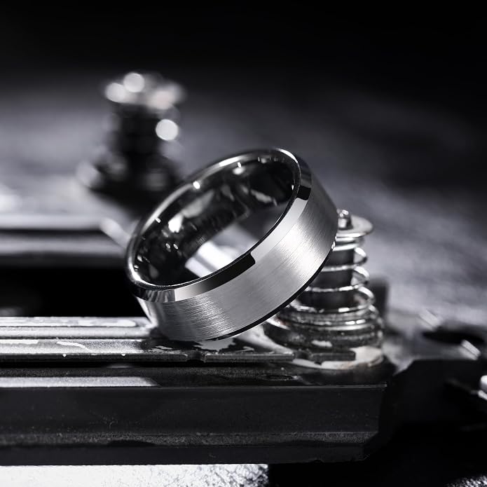 King Will Tungsten Men's Wedding Ring - Available in 6mm to 10mm, Black/Silver, Matte Finish, Beveled Polished Edge, Comfort Fit