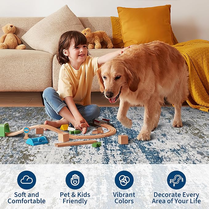 ROYHOME Modern Abstract 2x10 Runner Rug Non Slip Non Shedding Rug Low Pile Stain Resistant for Bedroom Hallway Kitchen,Navy