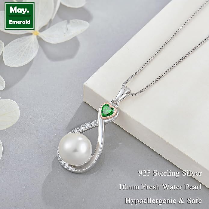 Heart Birthstone Pearl Pendant Necklace, 925 Sterling Silver Infinity Necklace with 10mm Freshwater Cultured Pearl & 4mm Gemstone Jewelry for Women