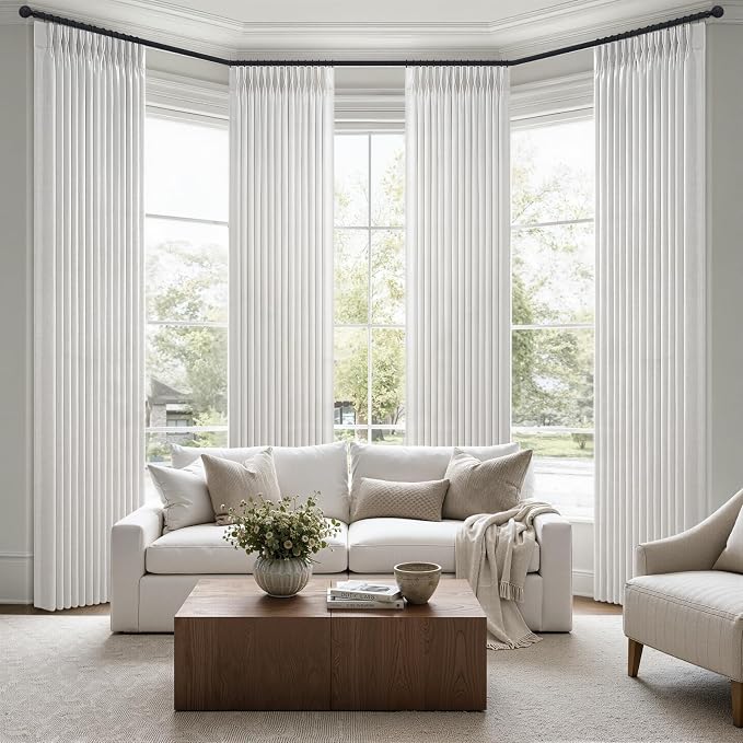 Off White Linen Pinch Pleated 90 Inch Curtains for Bedroom 4 Panels Set, Memory Trained Pleat Light Filtering Privacy Semi Sheer Living Room Window Curtain 90 Inches Long Modern Drapes with Back Tab