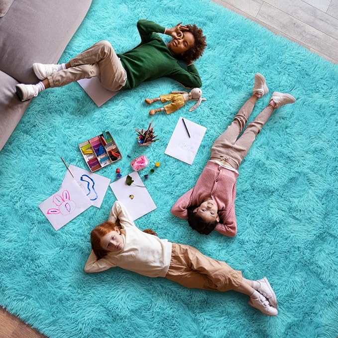 Dssimo Teal Blue Rug for Bedroom Living Room, 6x9 Soft Shag Teal Area Rugs | Plush Fluffy Upgrade Non-Slip Turquoise Rug for Nursery Kids Room Dorm Room Home Decor, Indoor Plush Floor Carpet