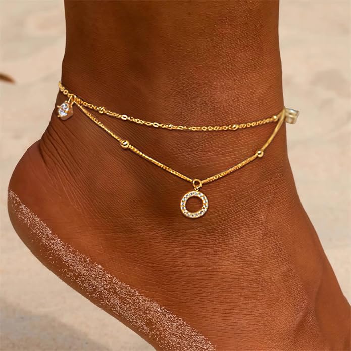 925 Sterling Silver Beaded Anklets for Women 14K Gold Plated Layered Ankle Bracelets Waterproof Cubic Zirconia Circle Charm Anklets Summer Jewelry Birthday Graduation Gifts