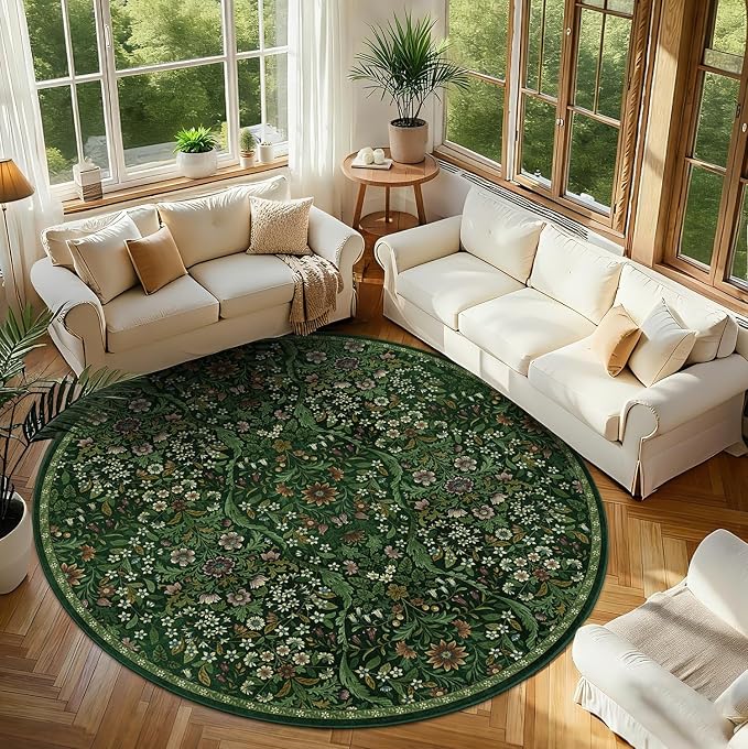 Round Rug 8ft Dark Green Washable Floral Circle Rug,Vintage Boho Botanical Round Area Rugs, Non-Slip Soft Low-Pile Circular Carpet for Bedroom,Kids Room,College Dorm,Home Decor