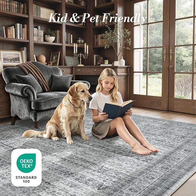 9x12 Washable Area Rugs for Living Room Bedroom, Non-Slip Large Rugs | Vintage Distressed Retro; Low Pile; Stain Resistant; Neutral Boho Carpet for Dining Room, Nursery, Home Office; Foggy Grey