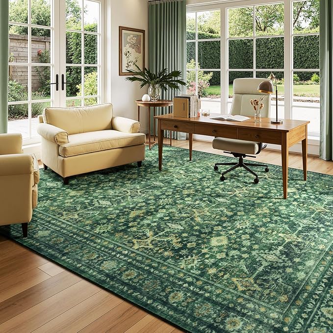 Lessymo Washable Area Rug for Living Room,9x12 Green Large Rugs with Non-Slip Backing,Soft Boho Carpets for Bedroom Dining Room Nursery Home Office