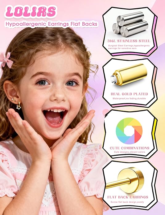 LOLIAS Hypoallergenic Earrings for Girls Flat Back-Stainless Surgical Steel Earrings for Sensitive Ears Women Cute Hoops Flatback Studs Screw Back Toddler Kids Teen Girls Earrings Jewelry