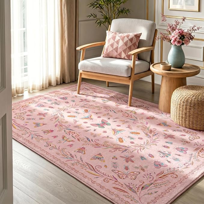 Lunasun 3x5 Washable Non-Slip Bathroom Rug, Colorful Insect Rug for Kids Room - Ultra Soft Low Pile Cottagecore Butterfly & Beetle Pattern for Nature-Inspired Home Décor