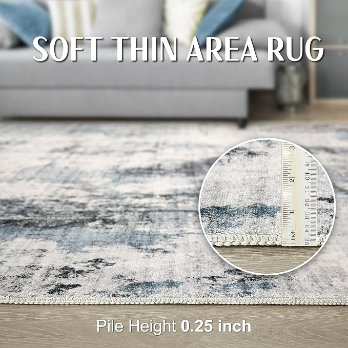 Abstract 11x13 Area Rug: Machine Washable Non Slip Ultra Thin Low-Pile Carpet, Soft Stain Resistant for Living Dining Room Bedroom, Kid Pet Friendly, Robot Vacuum Compatible - Grey Blue