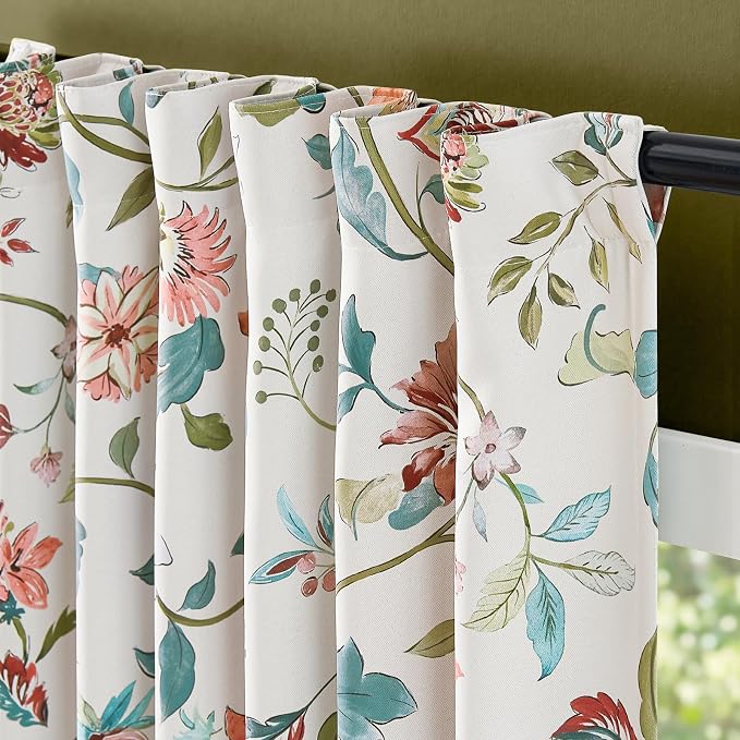 jinchan Beige Floral Blackout Curtains 96 Inch Back Tab 2 Panels Set | Room darkening, cream elegant vintage farmhouse drapes, botanical floral print, bedroom, living room, window treatment