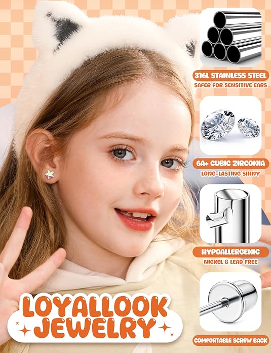 LOYALLOOK 14Pairs Hypoallergenic Screwback Earrings for Women Girls Tiny CZ Pearl Ball Heart Flower Screw Back Earring Studs 316L Stainless Steel Stud Earrings Flatback 20G Over 3 Years Old