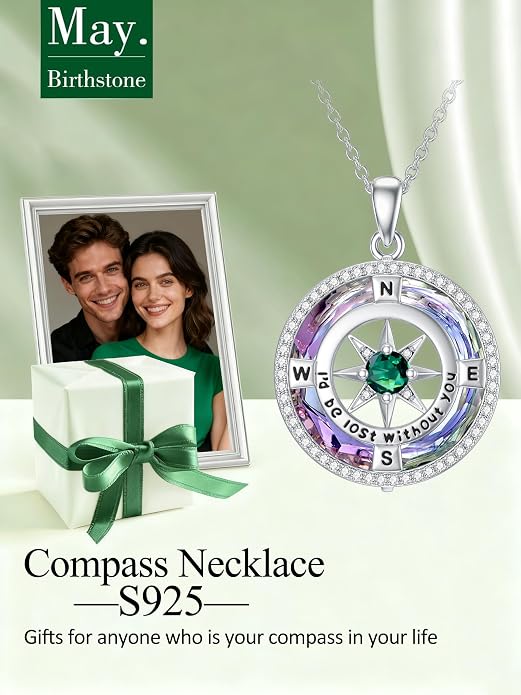 TOUPOP Necklace Gifts for Wife Compass Jewelry Women Anniversary Girlfriend Birthday Gift for Her Valentines I'd be Lost without You Sterling Silver Birthstone Necklaces