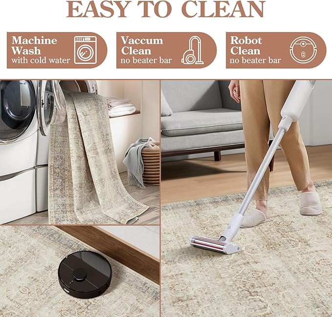 Collive Area Rug for Living Room 5x7, Machine Washable Neutral Boho Rugs for Bedroom, Soft Non-Slip Low Pile Indoor Floor Accent Carpet for Office Entryway Nursery Dining Room - Tan