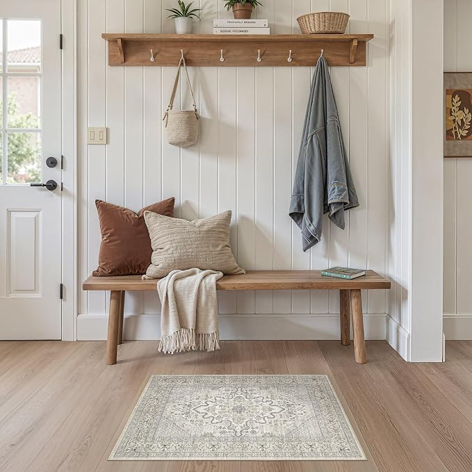 Tortania Area Rug 2x3 Doormat - Washable Vintage Oriental Farmhouse Soft Thin Indoor Carpet for Living Room Bedroom Hallway Entryway Kitchen - Beige Linen