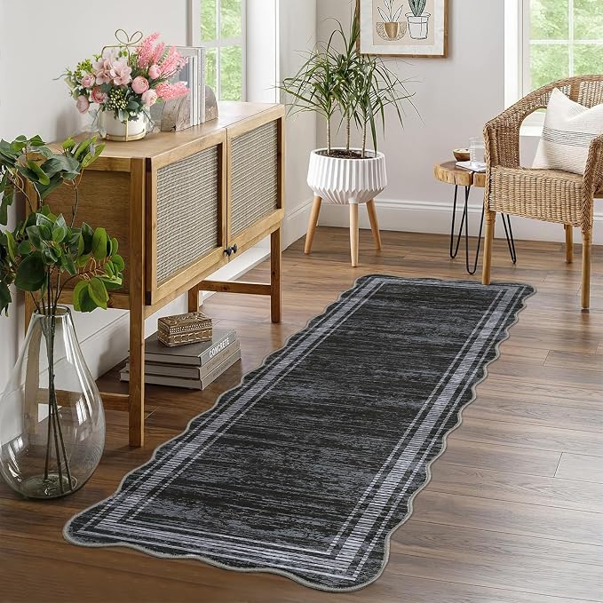Washable Runner Rug 2x6 Modern Solid Scalloped Kitchen Runner Mat Minimalist Plain Long Runner Rug for Entryway Bedroom Bedside Non Slip Low Pile Boho Accent Solid Runner Rugs for Entryway, Black | Modern Long Runner Rug for Entryway Bedroom, Non Slip ...